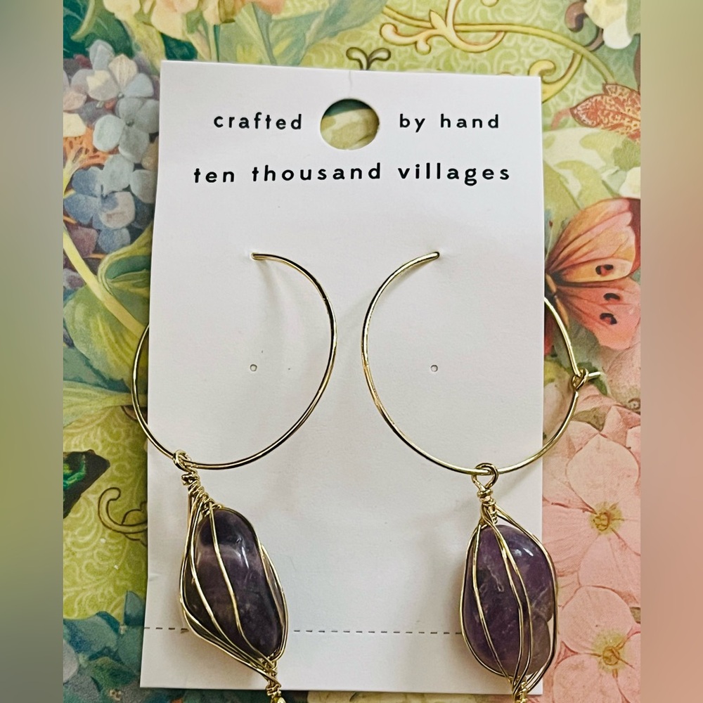 NWT Ten Thousand Villages Gold and Purple Stone Hoop Earrings
